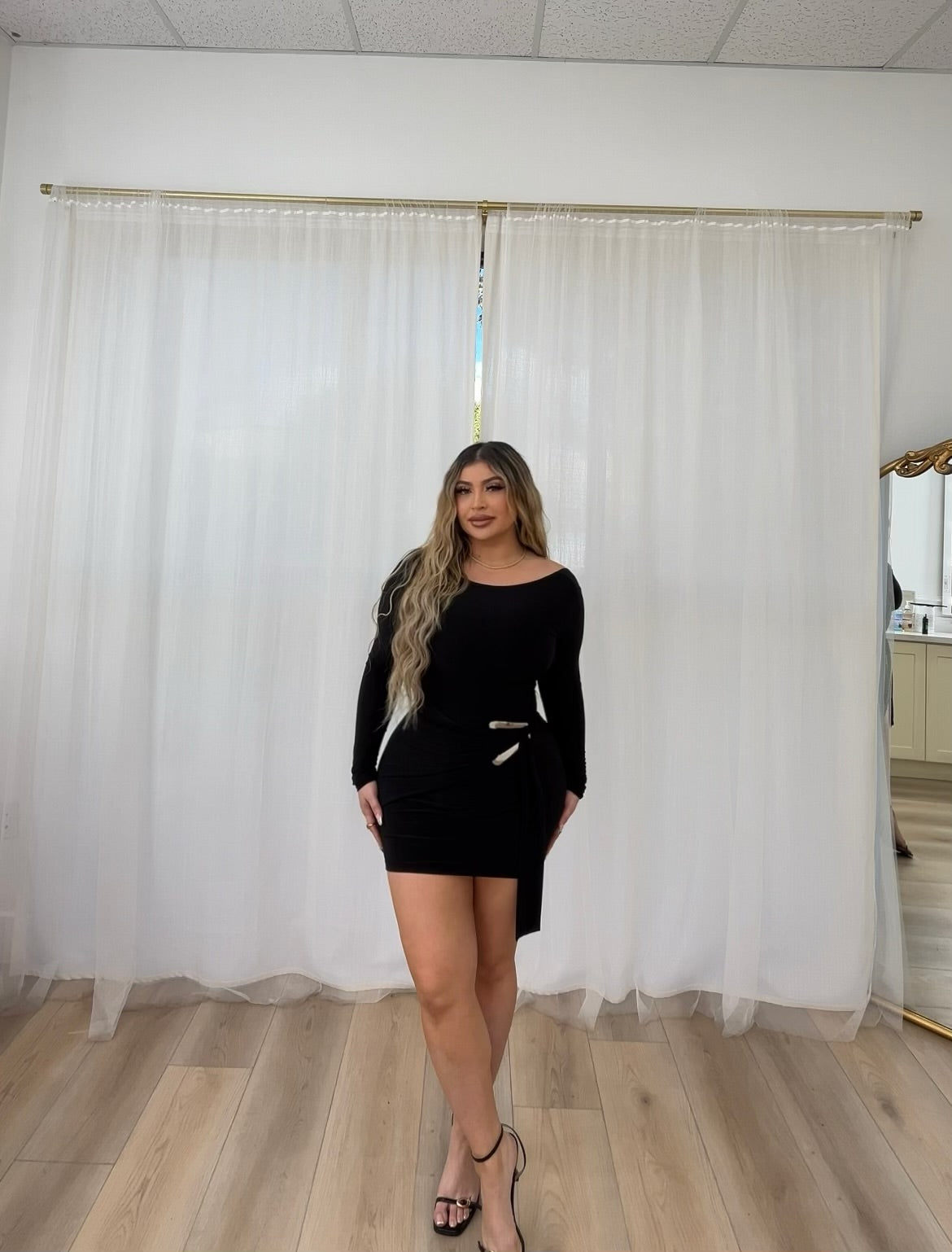 Black long sleeve trim detail dress