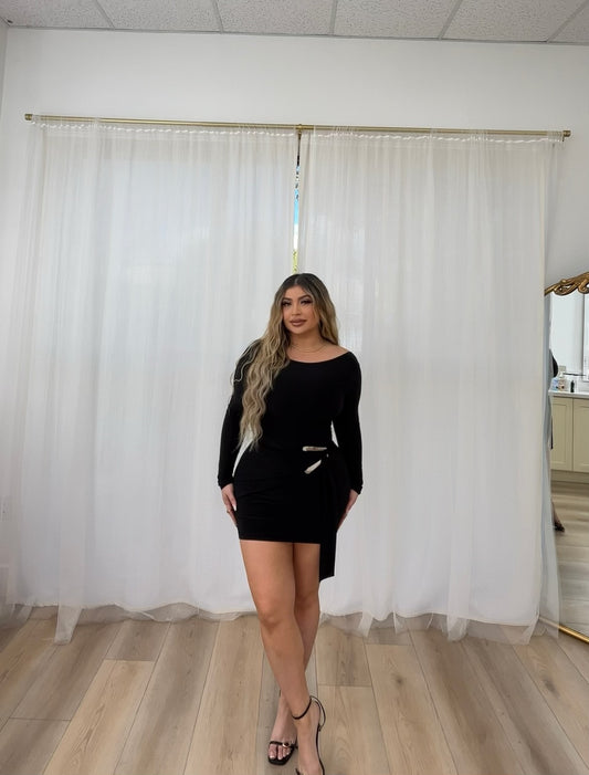 Black long sleeve trim detail dress