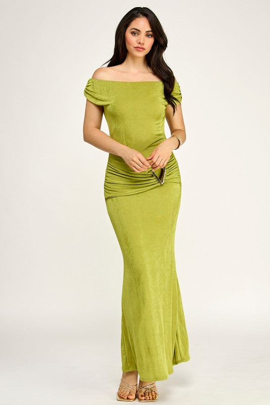 Moss green off shoulder drape trim maxi dress
