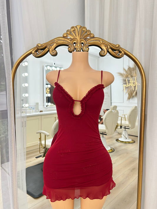 Red cherry mesh rhinestone dress