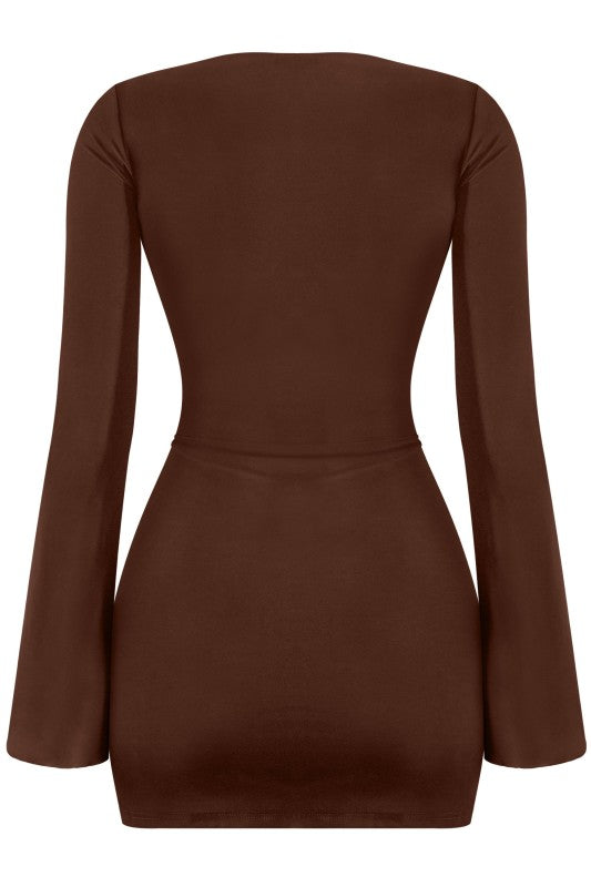 Brown ruffled front tie dress