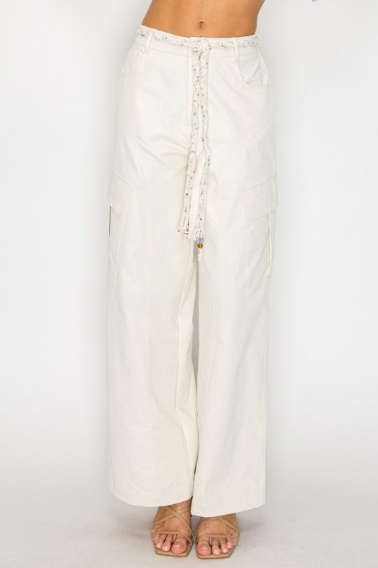 Cream wide leg cargo pants