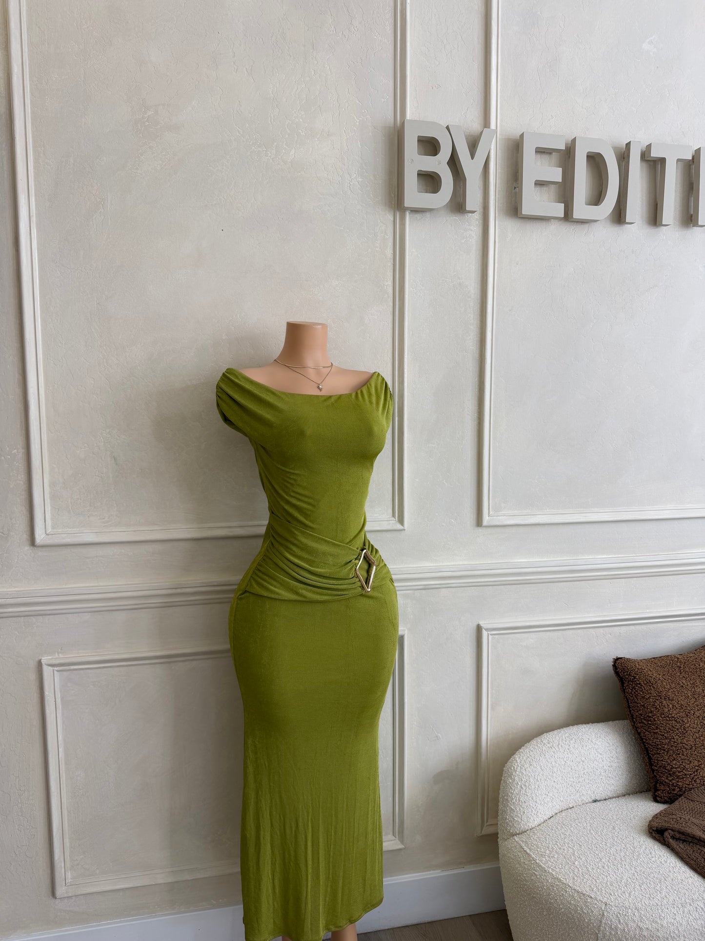 Moss green off shoulder drape trim maxi dress
