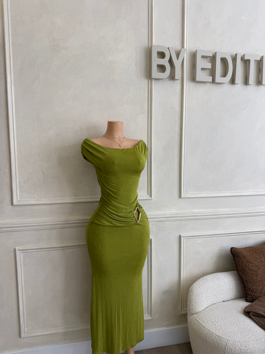 Moss green off shoulder drape trim maxi dress