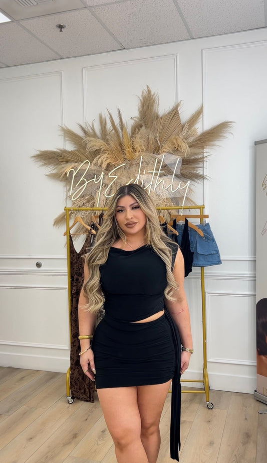 Black drape tie shirt & skirt set