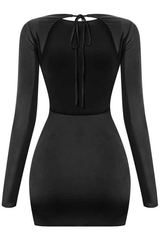 Black long sleeve drape trim detail dress