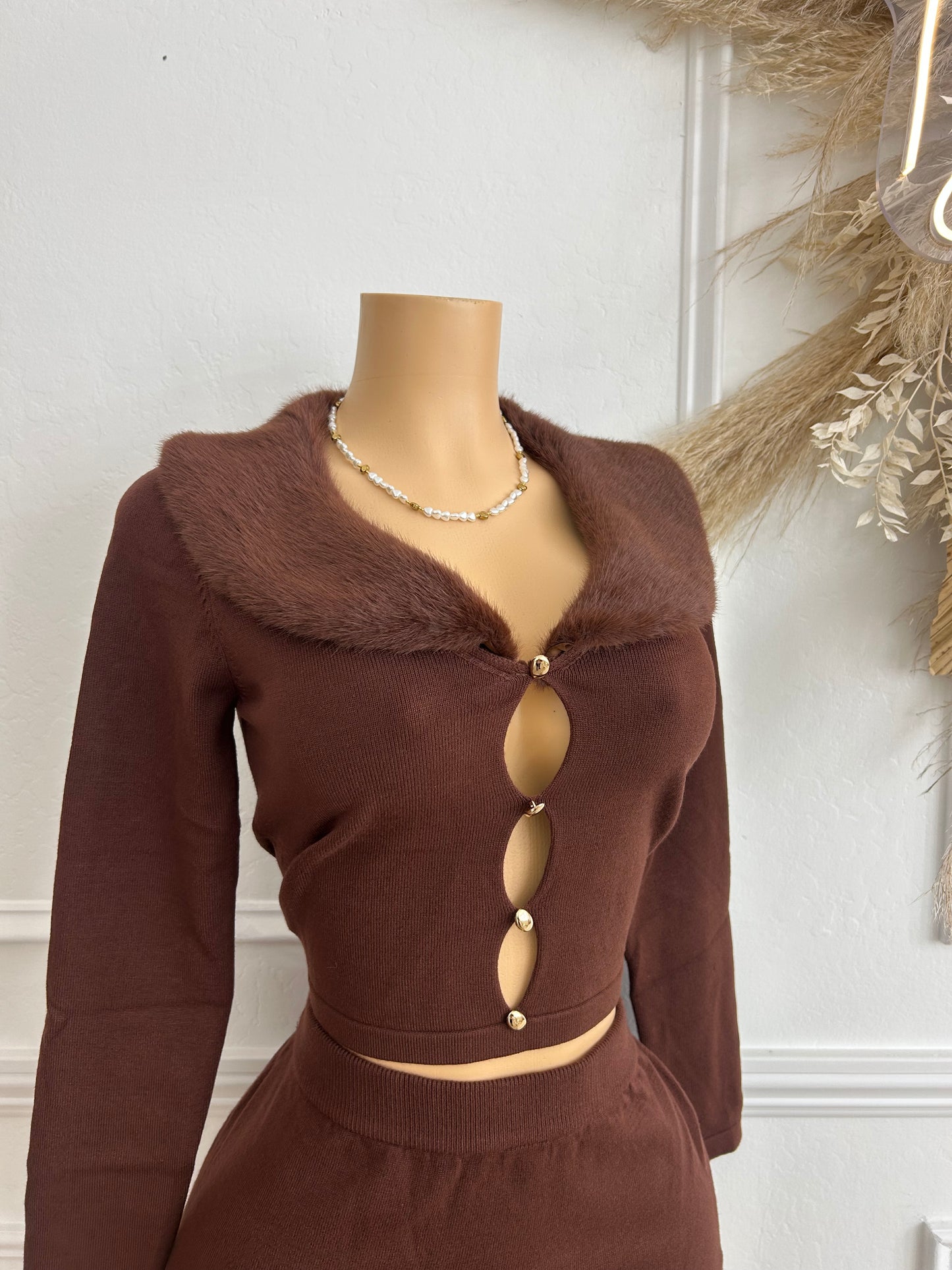 Brown sweater top and skirt set