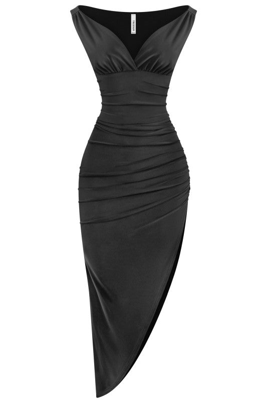 Black sleeveless asymmetrical maxi dress