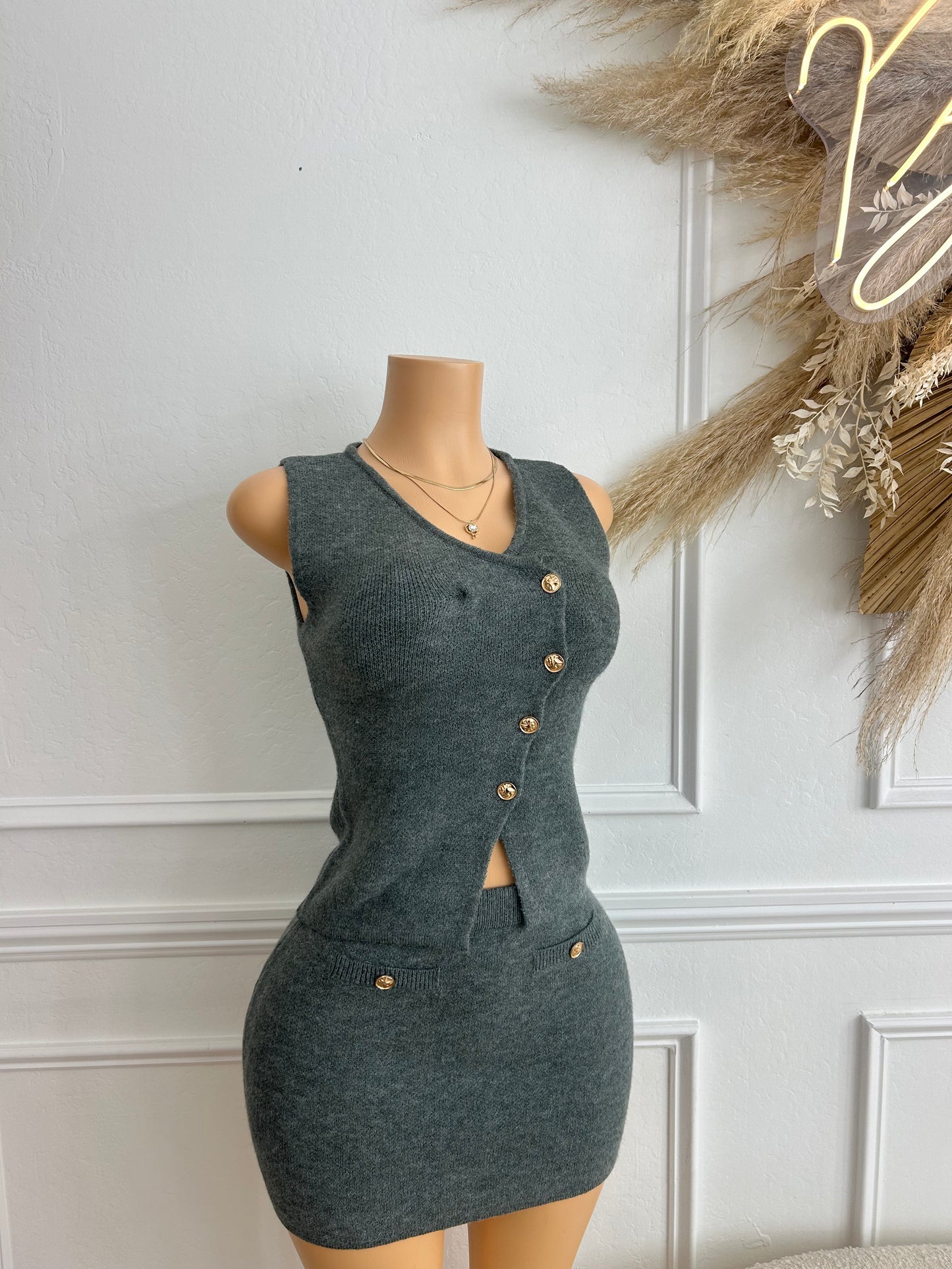 Grey sweater vest and skirt set