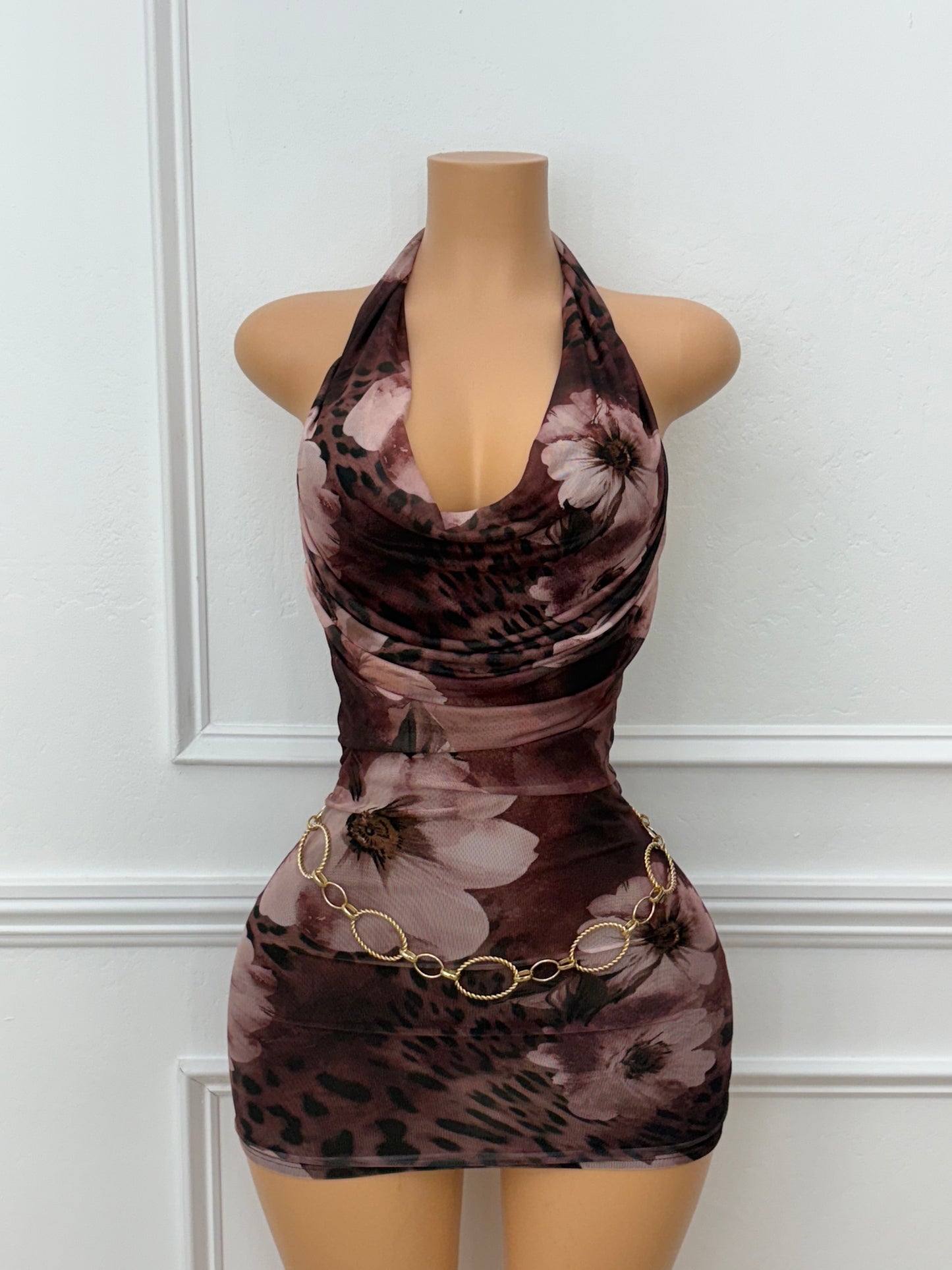 Cowl neck mesh print dress