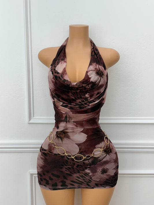 Cowl neck mesh print dress