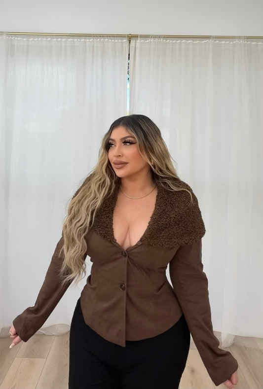 Brown faux collar suede jacket