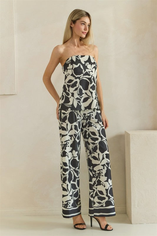 Printed woven strapless top and wide leg pant set (stretchy)