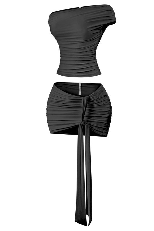 Short sleeve mini skirt set  with drape tie