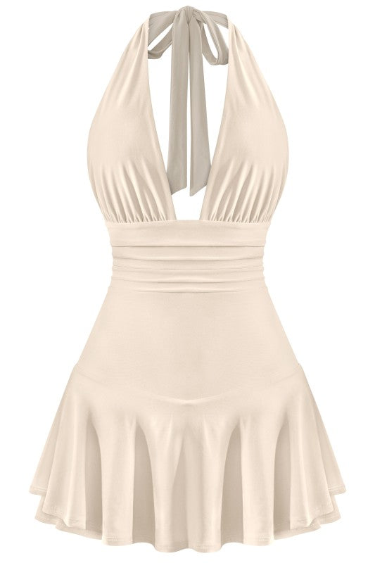 Sleeveless open back halter dress with shorts