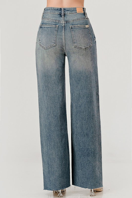 High rise crinkle wash stretchy skater jeans