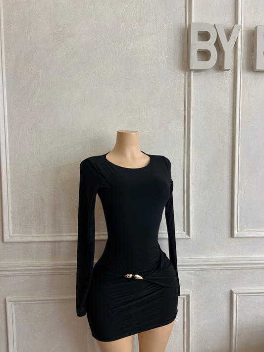 Black long sleeve drape trim detail dress