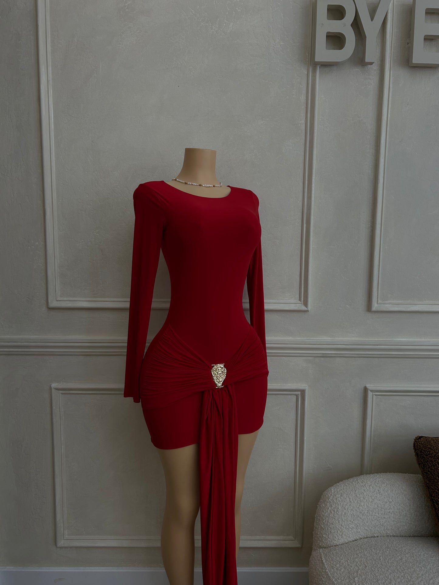 Red gold drape detail dress