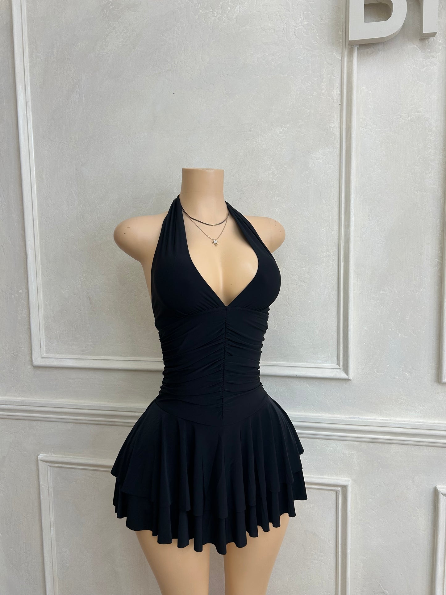 Black halter dress with shorts