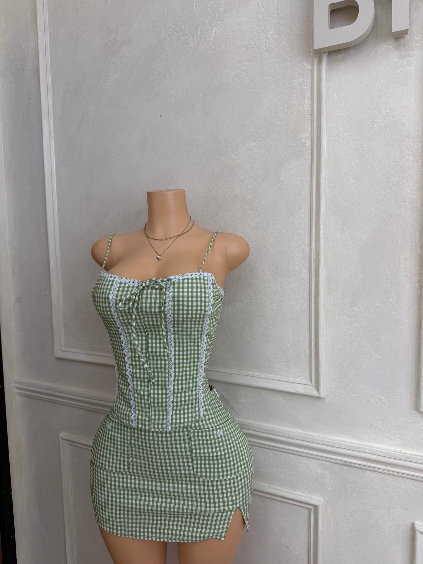 Sage gingham skirt set