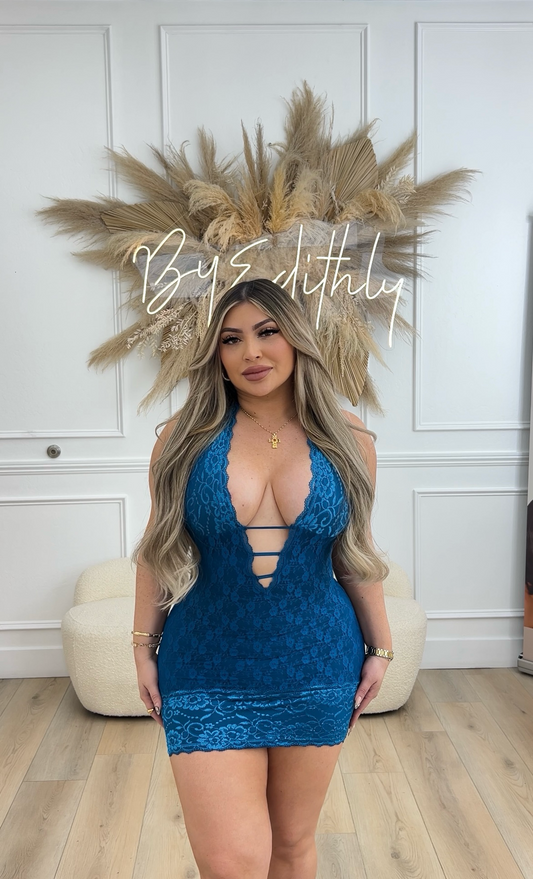 Blue Halter Lace Dress