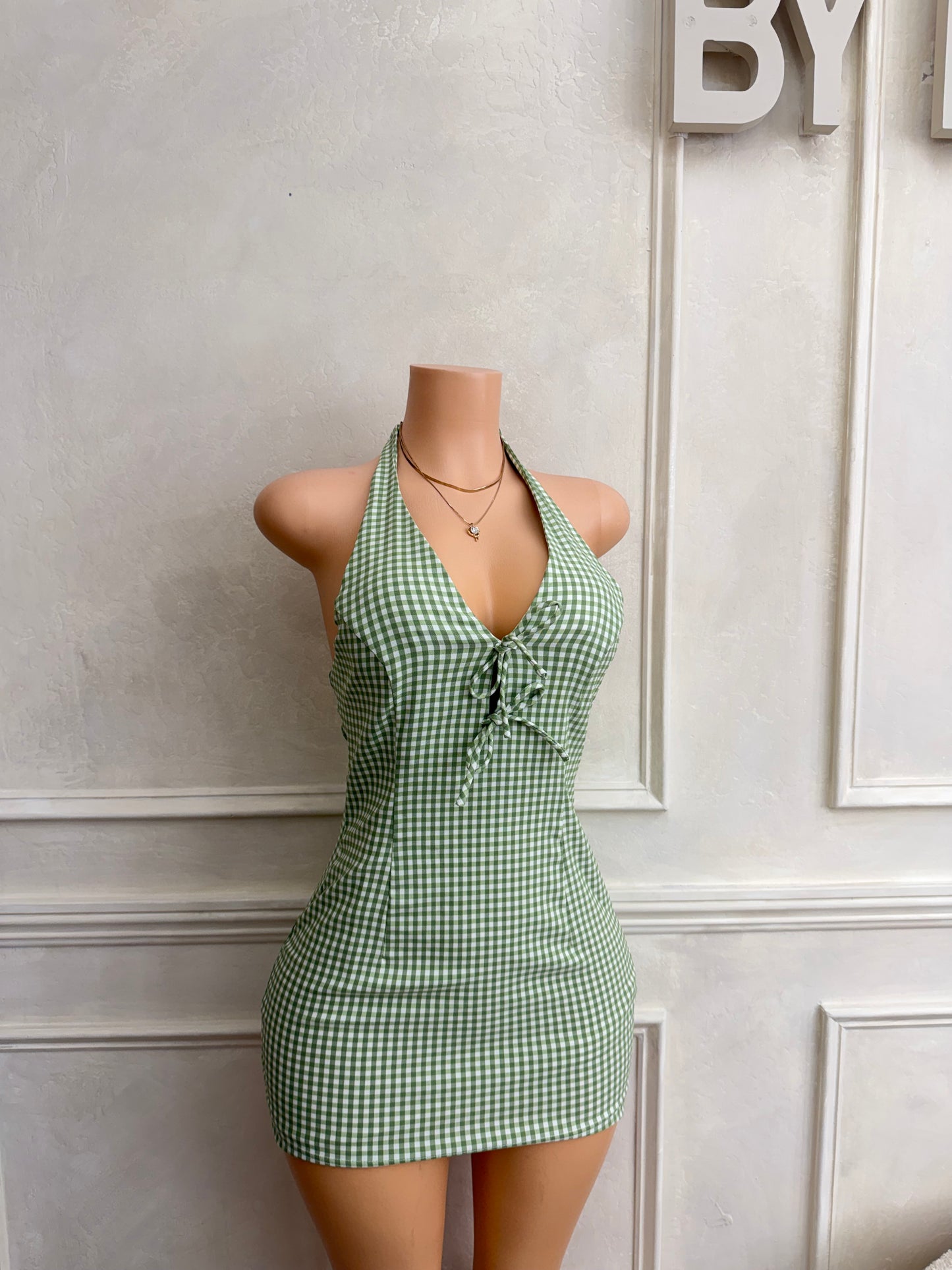 Sage gingham halter dress