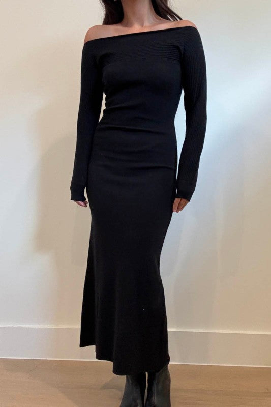 Black off shoulder knit maxi dress