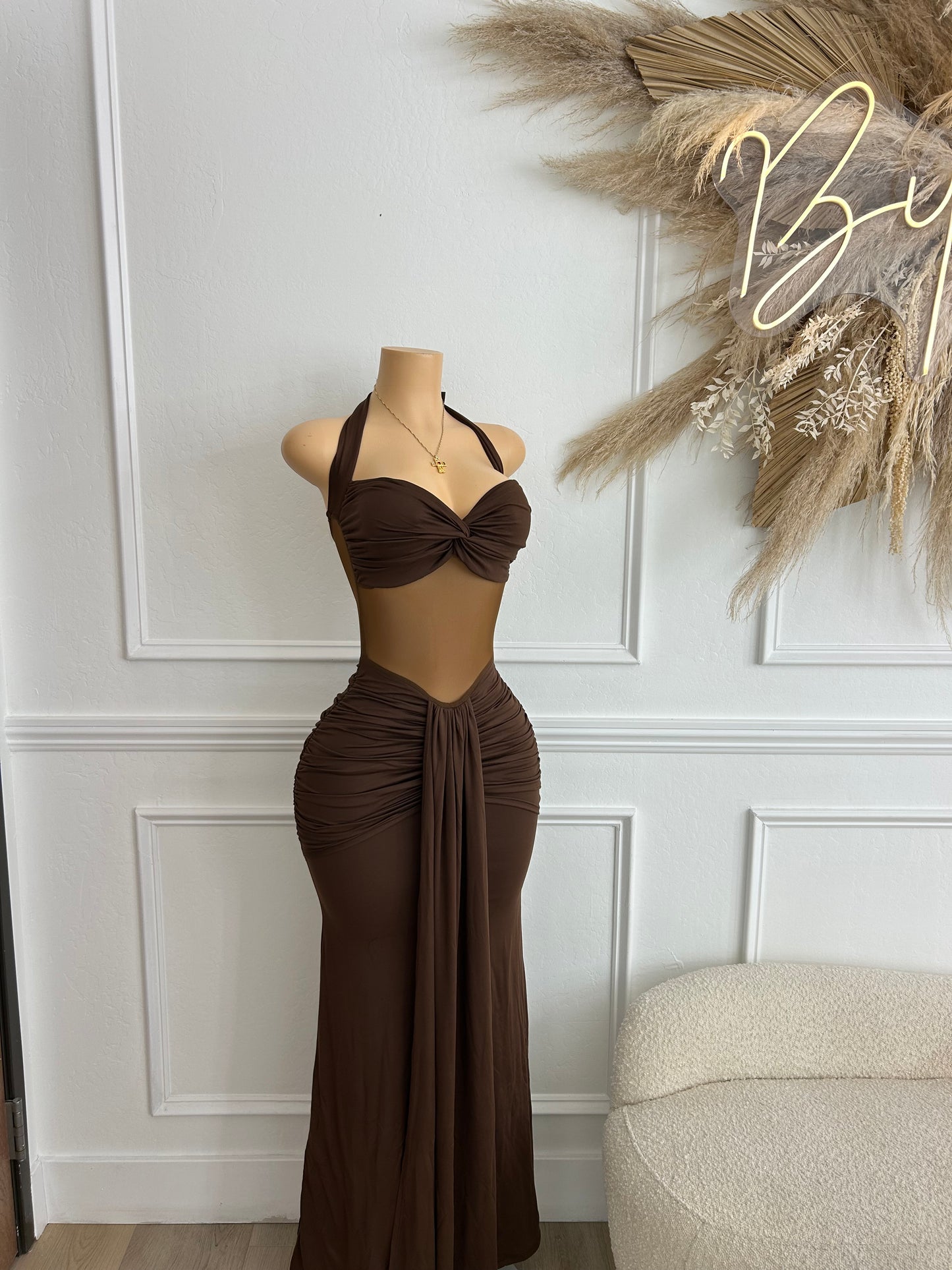 Brown halter maxi mesh dress