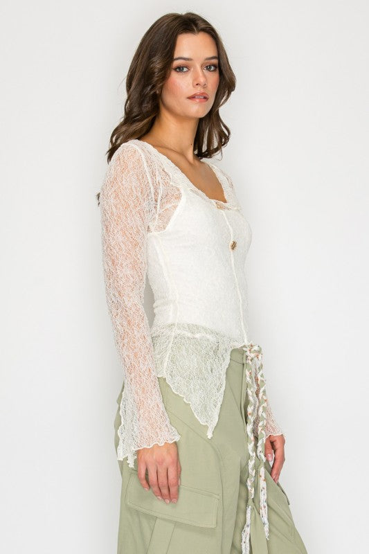 Lace sheer long sleeve button top