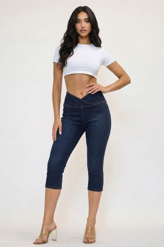 Dark wash c cut waist capri shorts