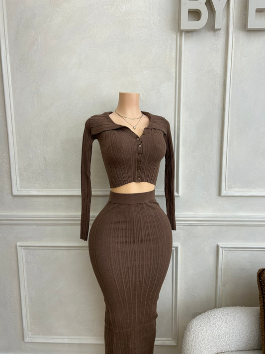 Knit mocha maxi skirt set