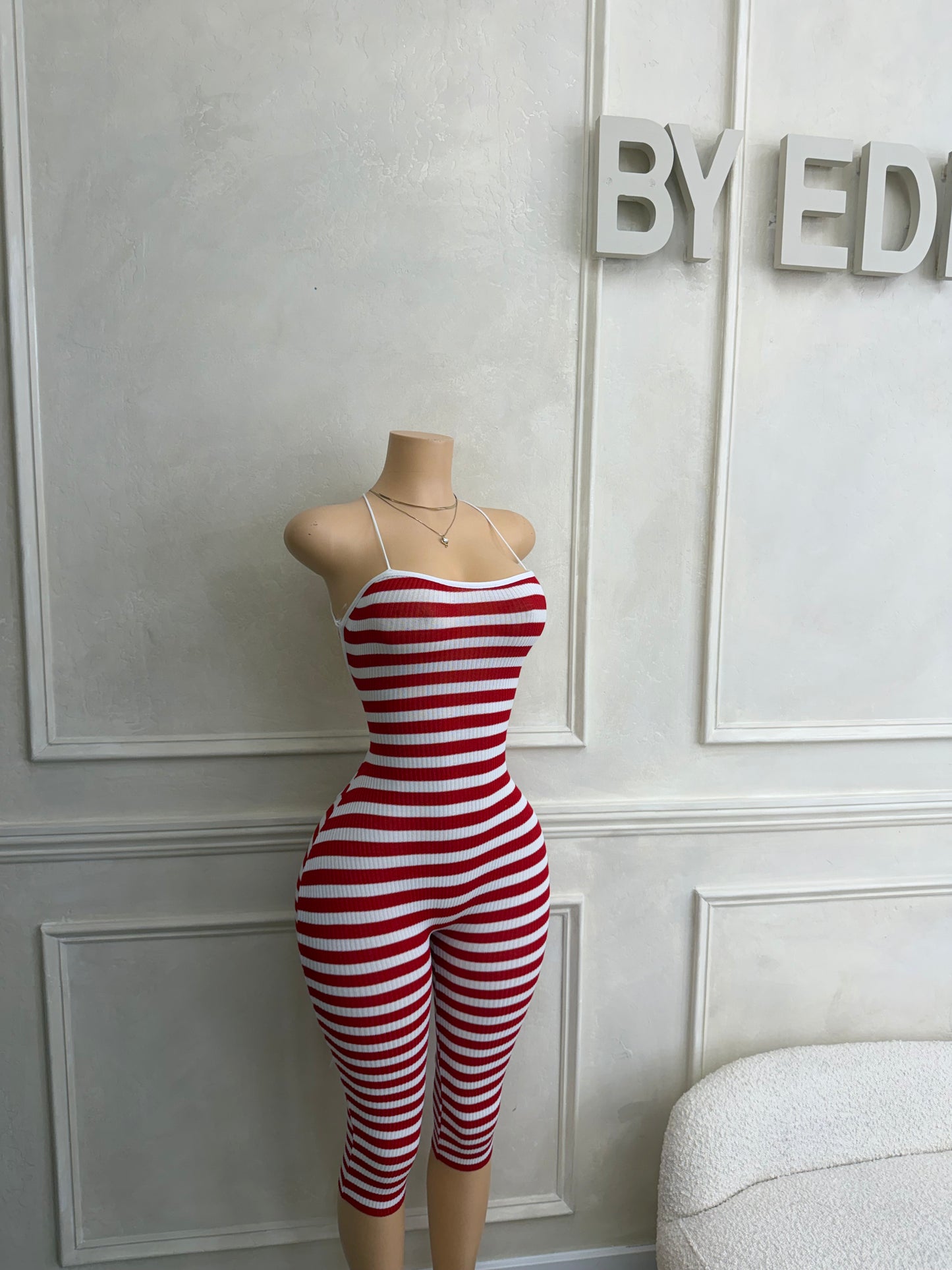 Red stripe capri jumpsuit