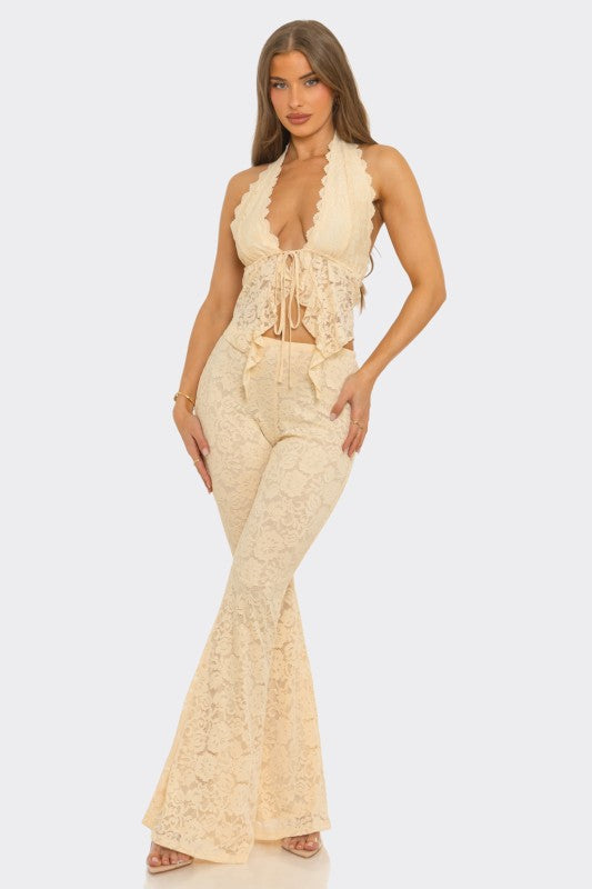 Stretch lace halter pant set