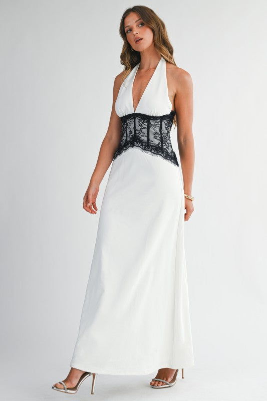 White halter neck maxi dress with lace corset