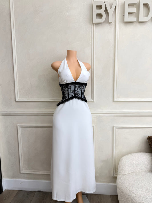 White halter neck maxi dress with lace corset