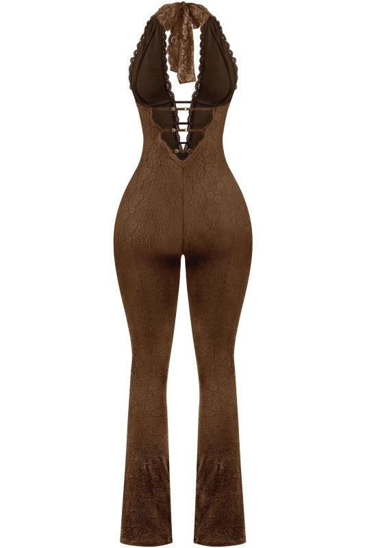 Brown Halter Lace Jumpsuit