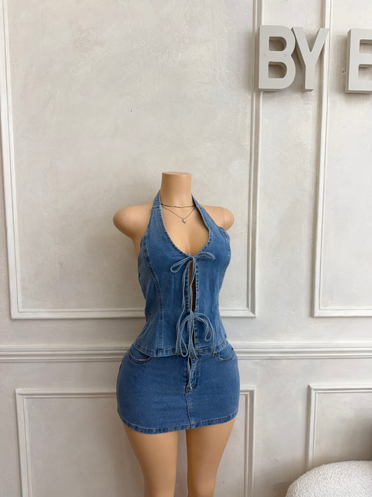 Jean halter neck top and mini skirt