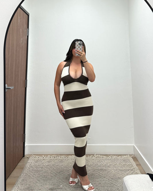 Mocha ivory striped dress