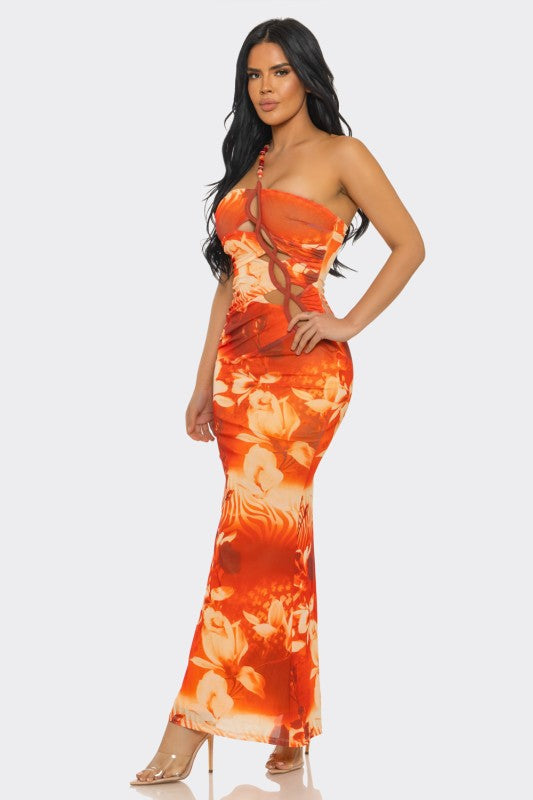 One shoulder halter cutout maxi dress