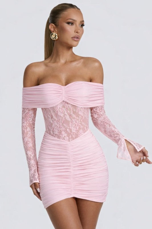 Pink off shoulder lace dress