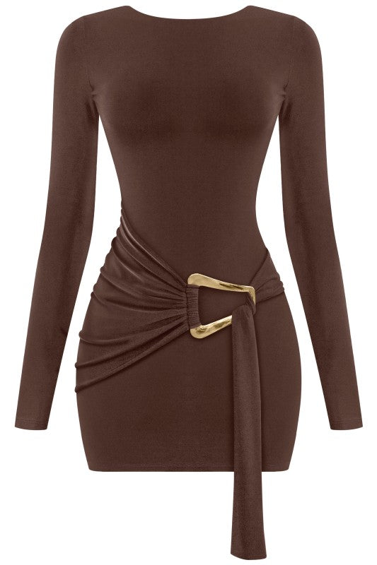 Brown long sleeve drape trim dress