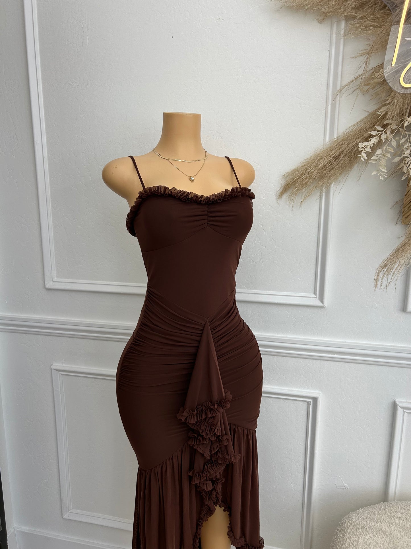 Chocolate midi ruffle dress