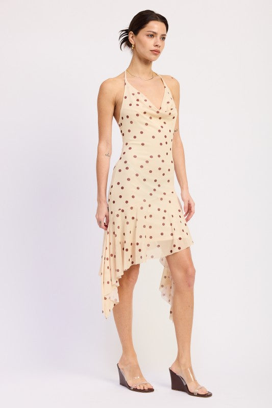 Butter yellow brown polka dot cowl neck dress