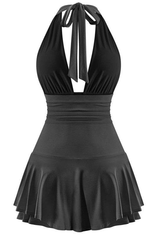 Black halter mini dress with shorts