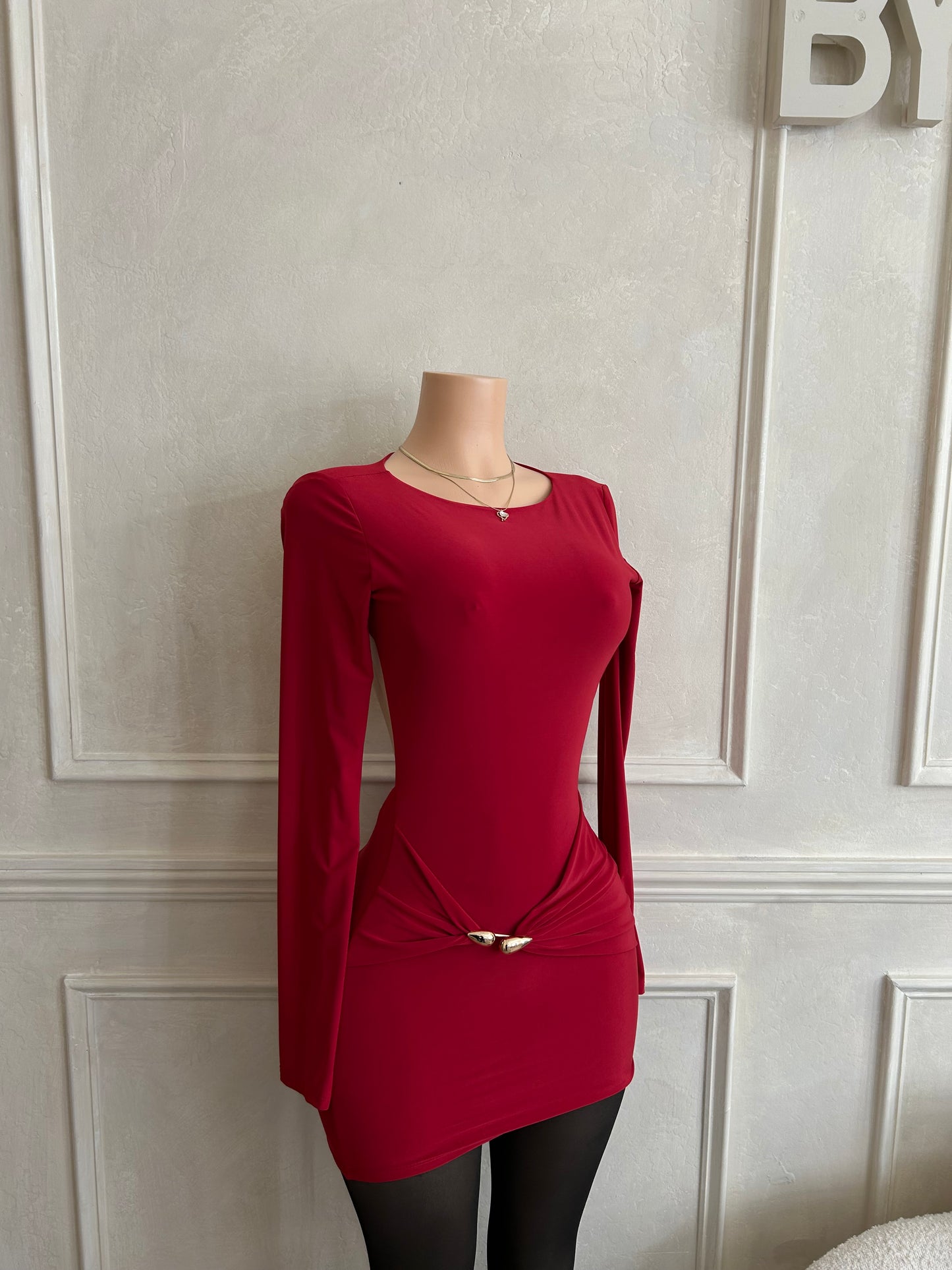 Long sleeve drape trim red dress