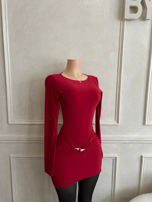 Long sleeve drape trim red dress