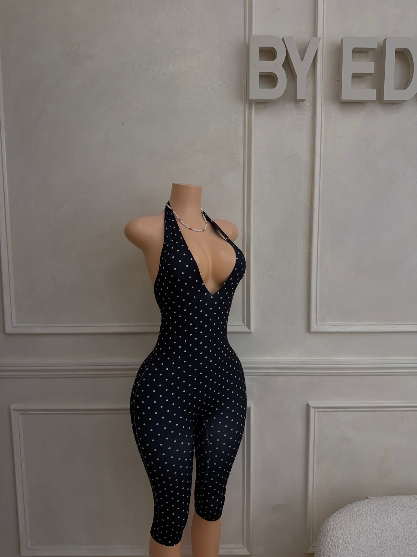 Black white polka dot capri jumpsuit