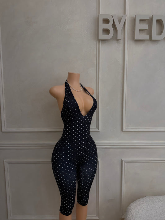 Black white polka dot capri jumpsuit