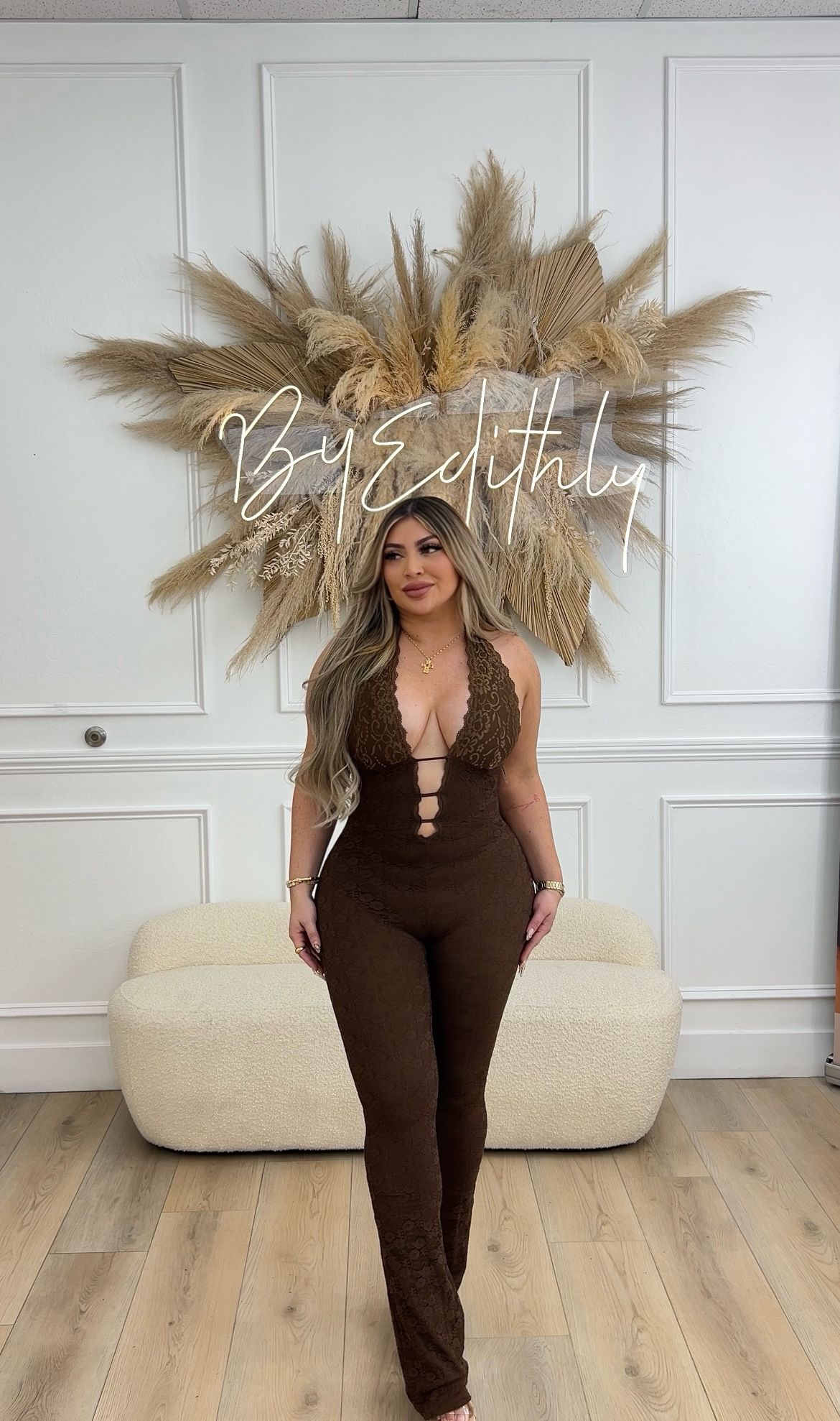 Brown Halter Lace Jumpsuit