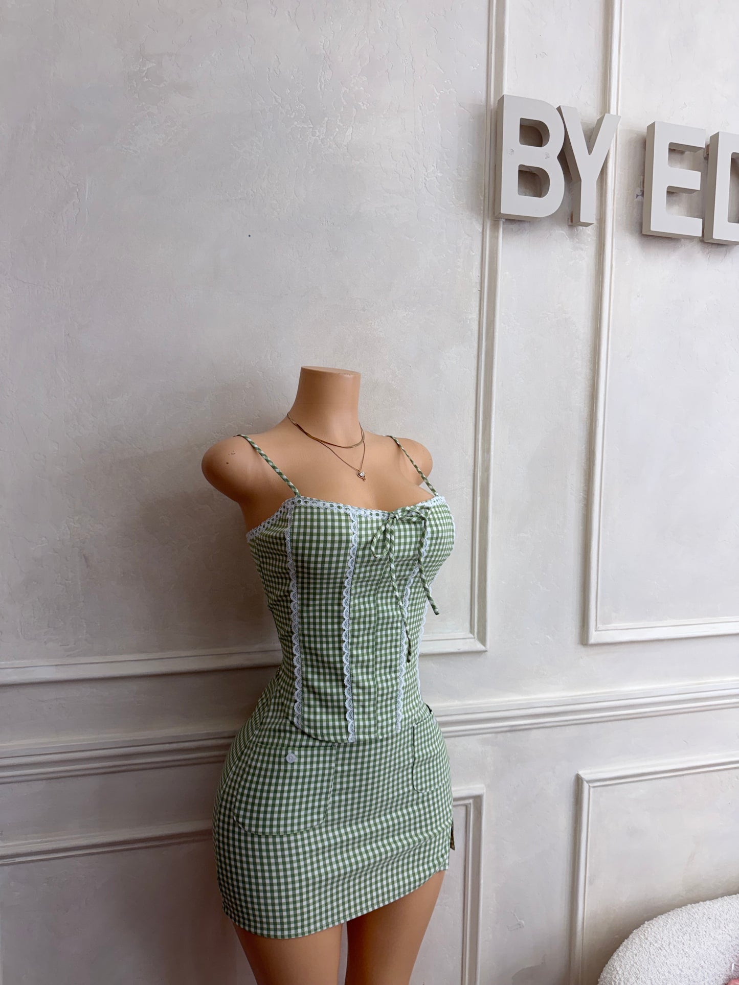 Sage gingham skirt set